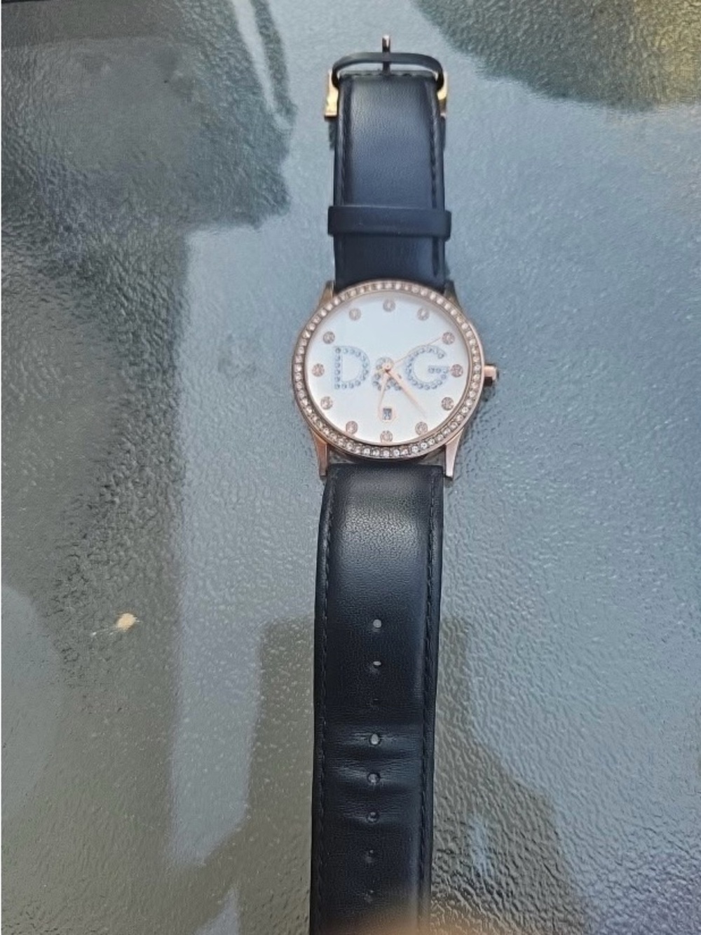 Dolce & Gabbana Black Leather Strap Watch with Rose Gold Case and Crystal Logo